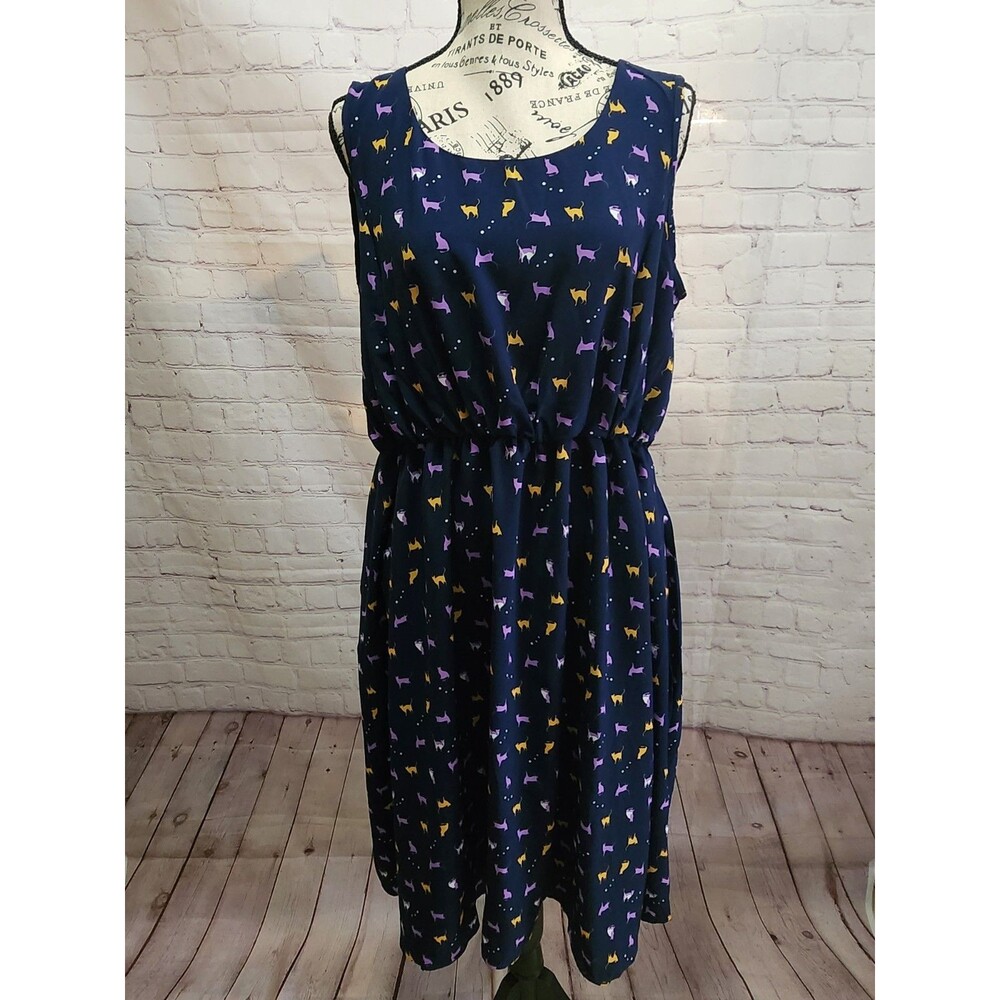 Tulip B Midi Dress Womens Medium Navy Blue Cat Print Sleeveless Pockets Lined